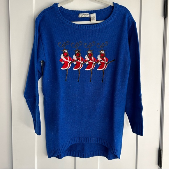 Isabella’s Closet Sweaters - Isabella’s Closet Blue Dancing Reindeer Christmas Holiday Sweater Size Medium